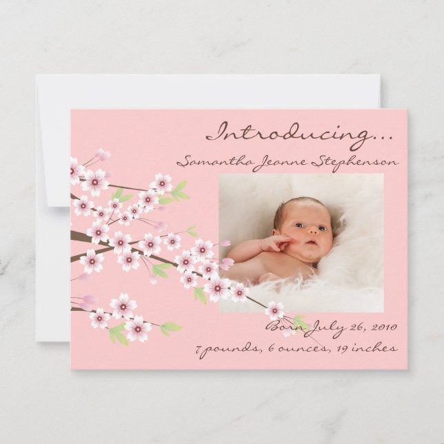 Cherry Blossom Pink & Brown Baby Girl Foto Birth Ankündigung (Vorderseite)
