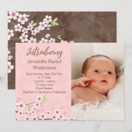 Cherry Blossom Pink & Brown Baby Girl Foto Birth Ankündigung