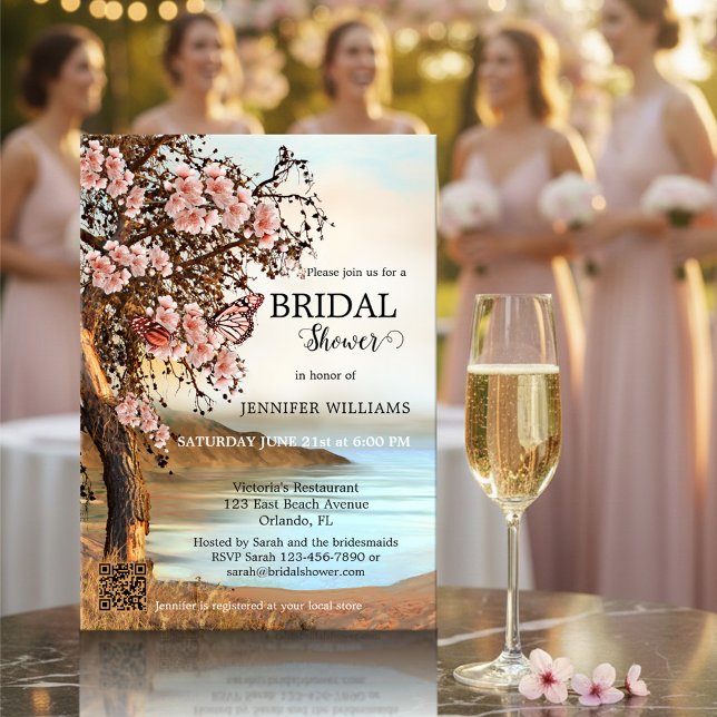 Cherry Blossom Pink Butterfly Brautparty Einladung (Original bridal shower invitation featuring pink butterflies on a blossoming cherry tree at a lake)