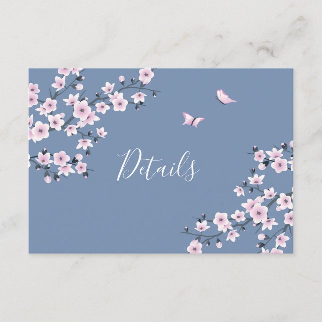 Cherry Blossom Pink Dusty Blue Wedding Details Begleitkarte (Vorderseite)