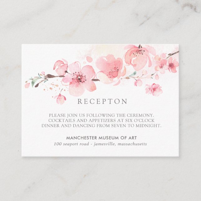 Cherry Blossom Pink Floral Hochzeitsempfang Begleitkarte (Vorderseite)