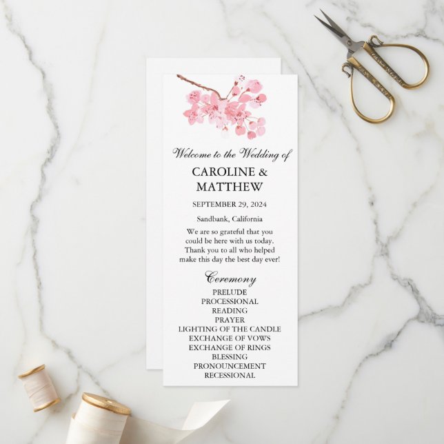 Cherry Blossom Pink Floral Wasserfarbe Hochzeit Programm (Vorderseite/Rückseite Beispiel)