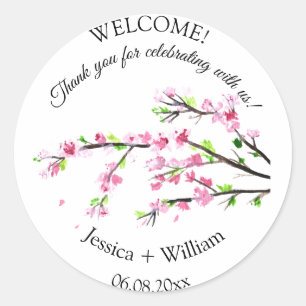Cherry Blossom Pink Floral Wasserfarbe Hochzeit Runder Aufkleber