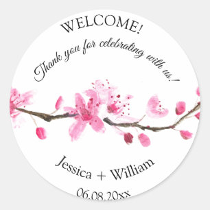 Cherry Blossom Pink Floral Wasserfarbe Hochzeit Runder Aufkleber