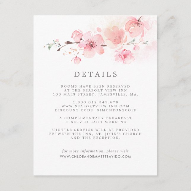 Cherry Blossom Pink Floral Wedding Details Begleitkarte (Vorderseite)
