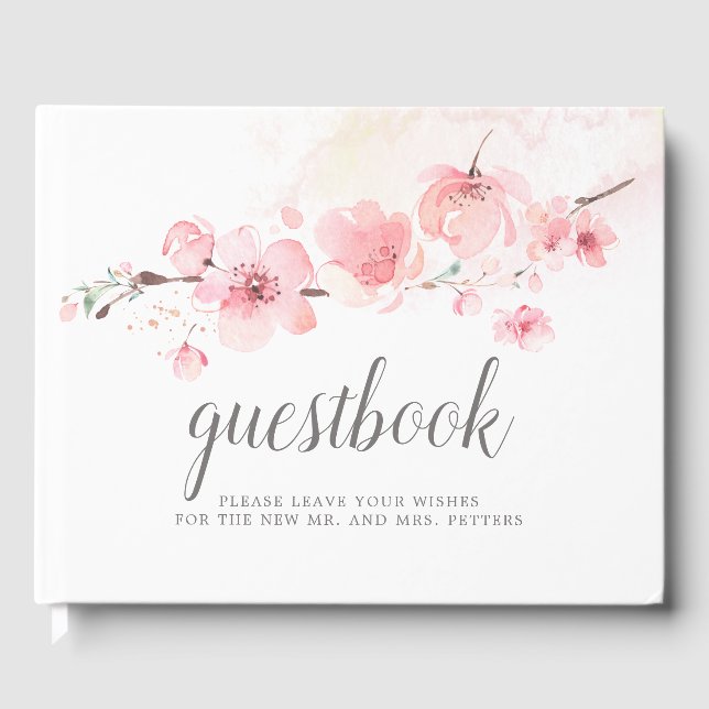 Cherry Blossom Pink Floral Wedding Gästebuch (Vorderseite)