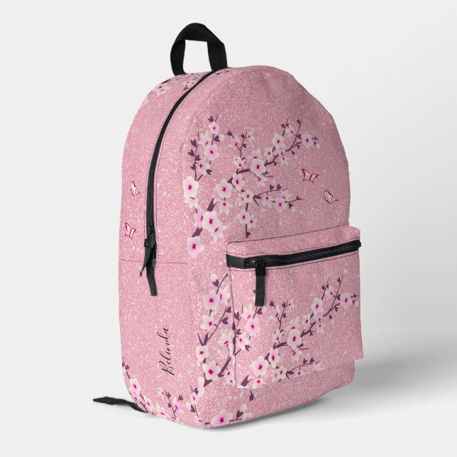 Cherry Blossom Pink Glitzer Bedruckter Rucksack (Rückseitige Ecke links)
