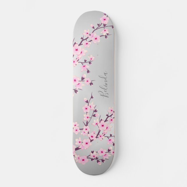 Cherry Blossom Pink Grey Asia Floral Monogram Skateboard (Vorderseite)
