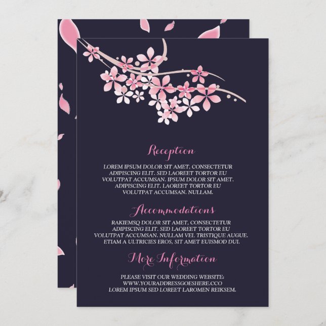 Cherry Blossom Pink Marine Hochzeitsinformation Ga Einladung (Vorne/Hinten)