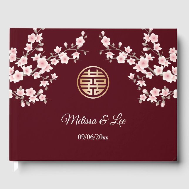 Cherry Blossom Pink Maroon Chinesische Hochzeit Gästebuch (Vorderseite)