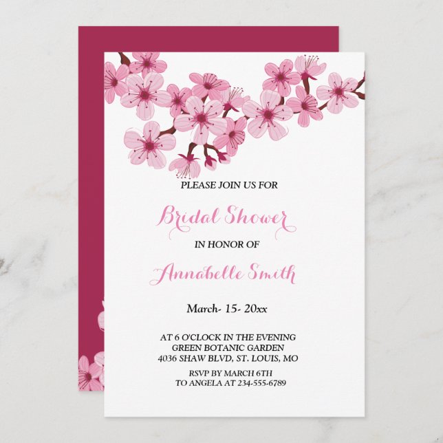 Cherry Blossom Pink Weißes BRAUTPARTY Einladung (Vorne/Hinten)