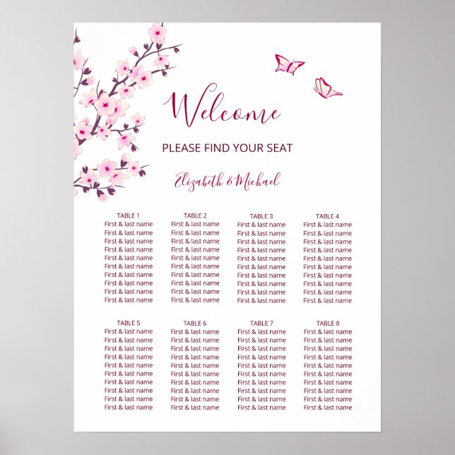 Cherry Blossom Pink White Wedding Chart Poster (Vorne)