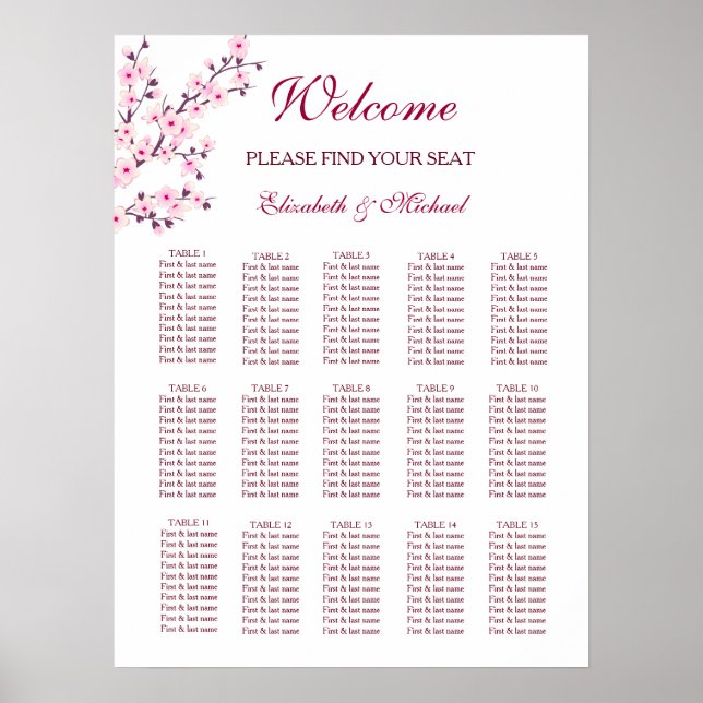 Cherry Blossom Pink White Wedding Chart Poster (Vorne)
