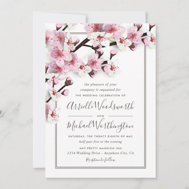 Cherry Blossom Pink White Wedding Einladungen (Vorderseite)