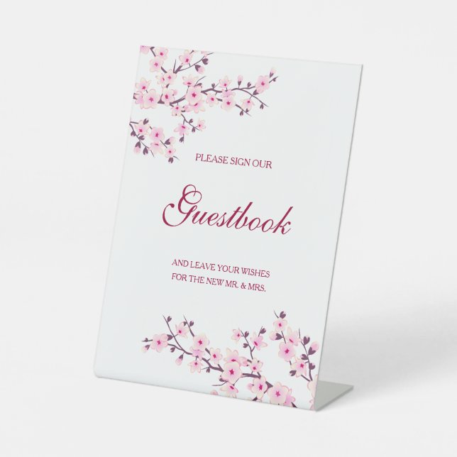 Cherry Blossom Pink White Wedding Guestbook Sockelschild (Vorderseite)