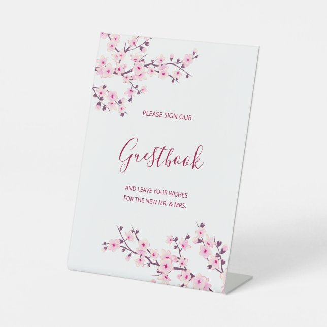 Cherry Blossom Pink White Wedding Guestbook  Sockelschild (Vorderseite)