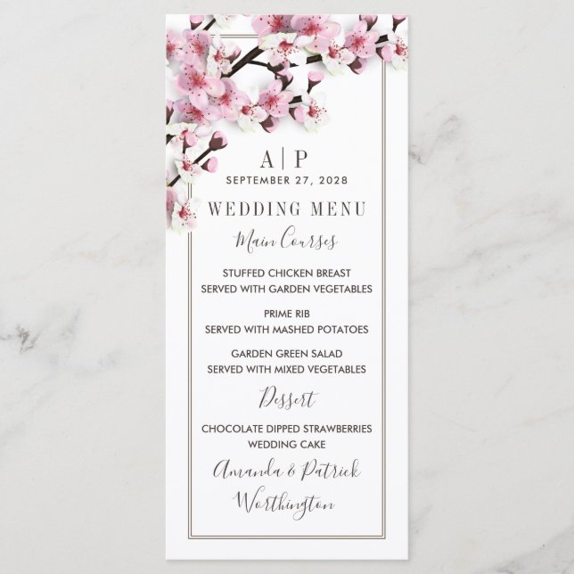 Cherry Blossom Pink White Wedding Menu Cards Menükarte (Vorderseite)