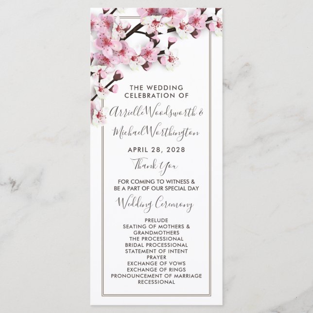 Cherry Blossom Pink White Wedding Programme (Vorderseite)