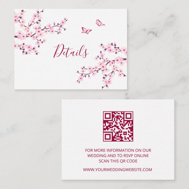Cherry Blossom Pink White Wedding QR Code Details Begleitkarte (Vorne/Hinten)