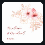 Cherry Blossom Pink White Wedding Quadratischer Aufkleber<br><div class="desc">Pretty pink watercolor cherry blossoms and a rose gold/ copper line art cherry blossom branch on a white background. Custom bride and groom names in an elegant handwritten script.</div>