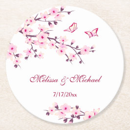 Cherry Blossom Pink White Wedding Runder Pappuntersetzer