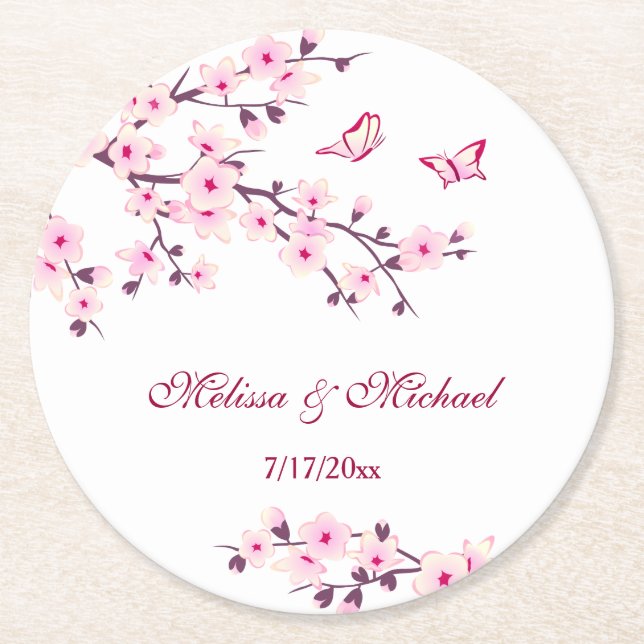 Cherry Blossom Pink White Wedding Runder Pappuntersetzer (Vorderseite)