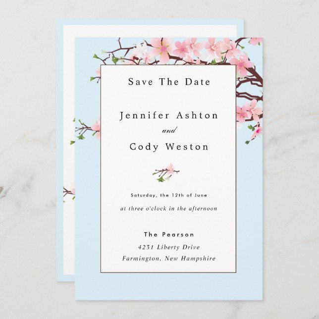 Cherry Blossom Pink White Weditation Blue Save The Date (Vorne/Hinten)