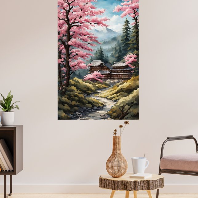 Cherry Blossom Poster, Japanischer Wald Wasserfarb Poster (Wohnzimmer 3)