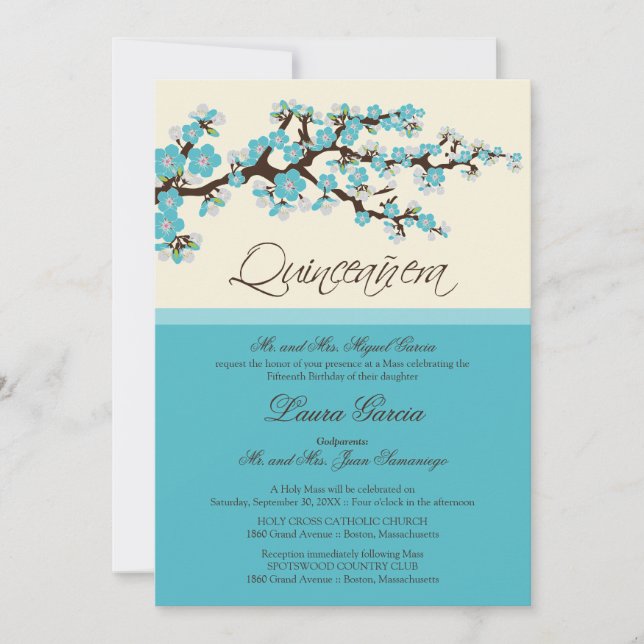 Cherry Blossom Quinceanera Invitation (aqua) Einladung (Vorderseite)