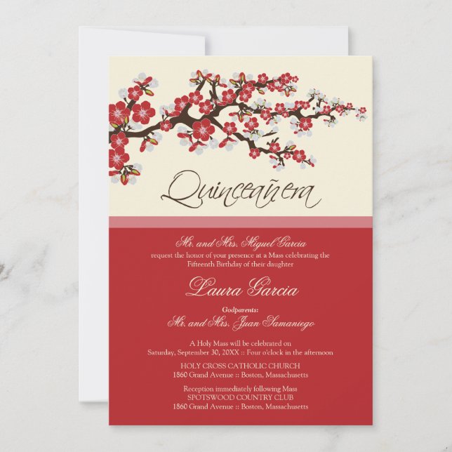 Cherry Blossom Quinceanera Invitation (rot) Einladung (Vorderseite)