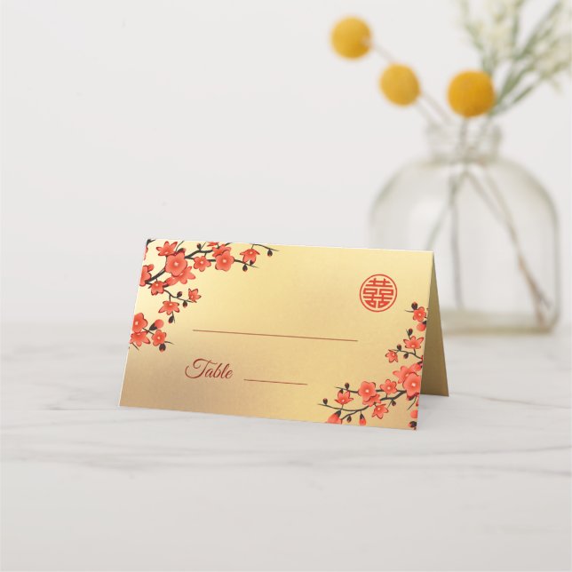 Cherry Blossom Red Gold | Chinesische Hochzeit Platzkarte (Vorderseite)