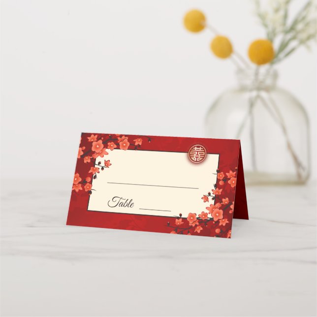 Cherry Blossom Red Gold | Chinesische Hochzeit Platzkarte (Vorderseite)