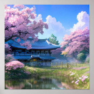 Cherry Blossom Retreat, Haven by Pond Poster