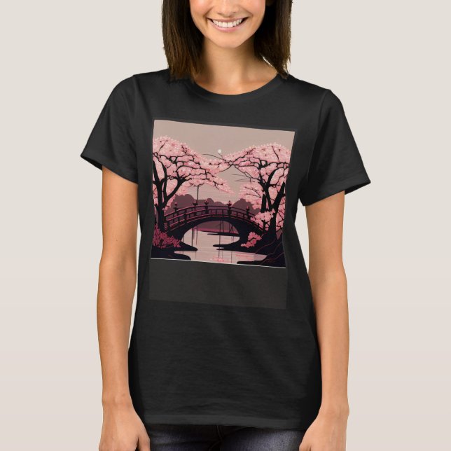 Cherry Blossom River and Bridge Artwork Atemberaub T-Shirt (Vorderseite)