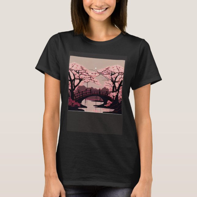 Cherry Blossom River and Bridge Artwork Stunning G T-Shirt (Vorderseite)