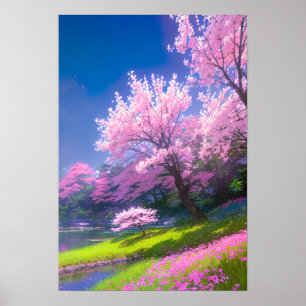 Cherry Blossom Riverbank Poster