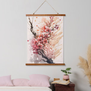 Cherry Blossom Rosa Blume Wandteppich Mit Holzrahmen