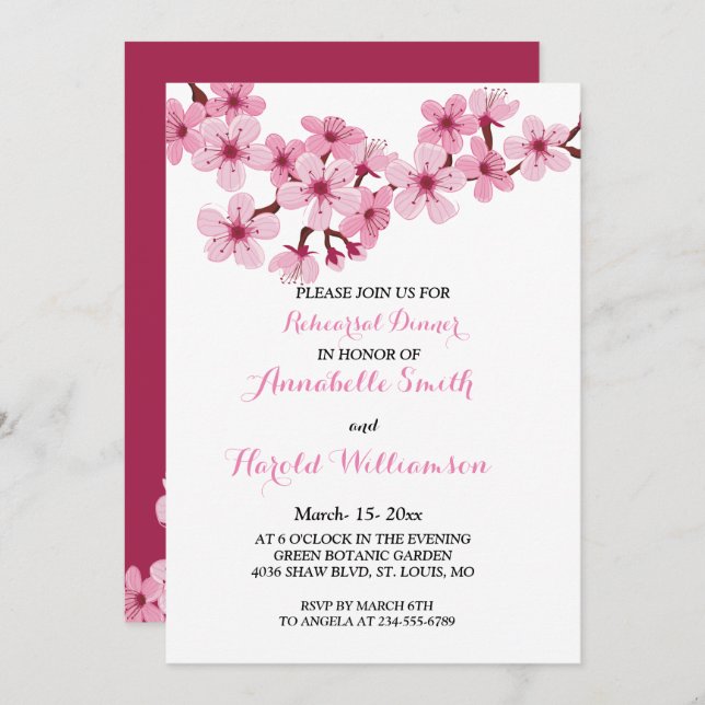 Cherry Blossom Rosa Probe Abendessen Einladung (Vorne/Hinten)