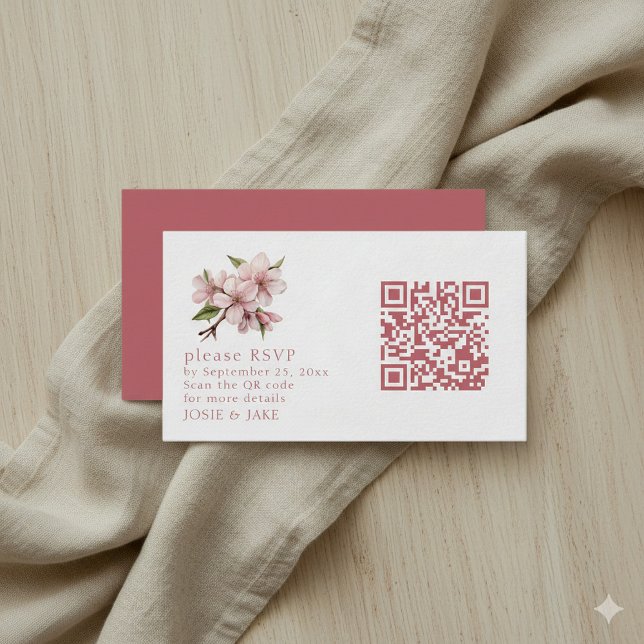 Cherry Blossom rosa QR Code uAwg Umschließungskart Begleitkarte (Pink QR code RSVP wedding enclosure card.)