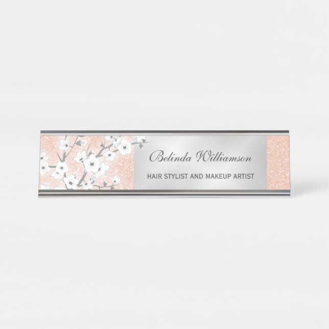 Cherry Blossom Rose Gold Glitzer Haare und Schmink Schreibtischnamensplakette (Vorderseite )