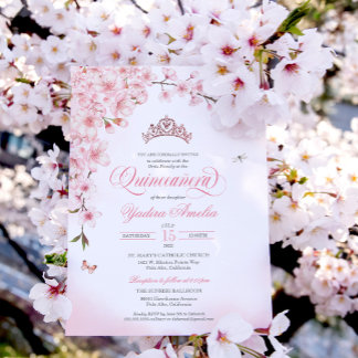 Cherry Blossom Rose Gold Tiara Pink Quinceñera Einladung