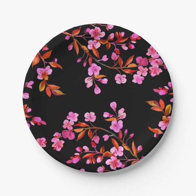 Cherry Blossom Sakura Floral Pink Black Pappteller (Vorderseite)