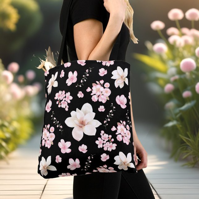 Cherry Blossom Sakura Magnolia Frühling Rosa Schwa (Cherry Blossom Sakura Magnolia Spring Pink Black Tote Bag)