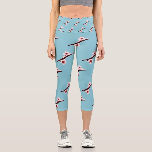 Cherry Blossom, Sakura, rosa Blumenmuster Capri Leggings (Vorderseite)