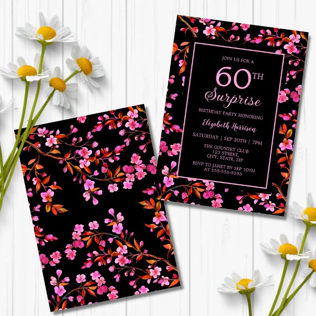 Cherry Blossom Sakura Überraschung Schwarzer Gebur Einladung (Von Creator hochgeladen)