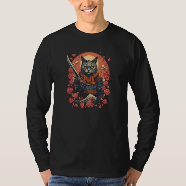 Cherry Blossom Samurai Cat Classic Japanese Style  T-Shirt (Vorderseite)
