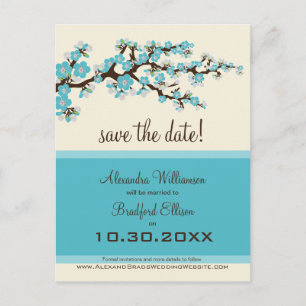 Cherry Blossom Save the Date Postkarte (aqua)
