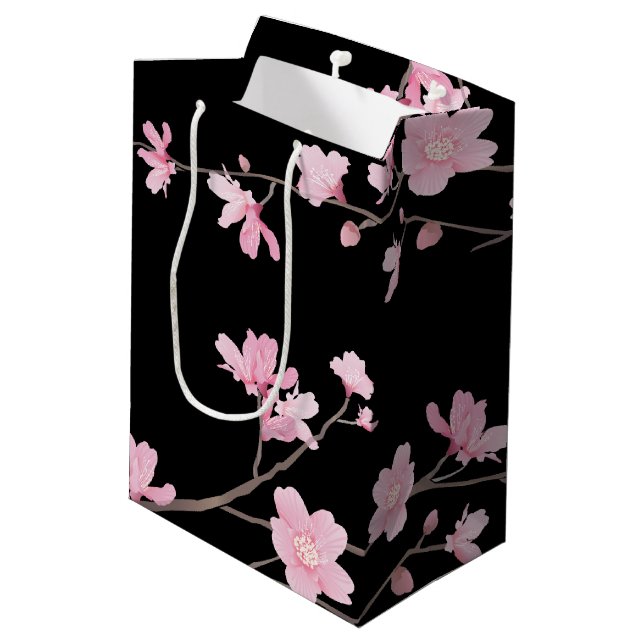 Cherry Blossom - Schwarz Mittlere Geschenktüte (Rückseite Schrägansicht)