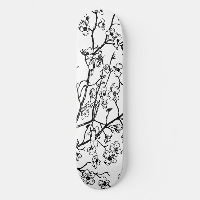 Cherry Blossom Skateboard Schwarz-Weiß (Vorderseite)