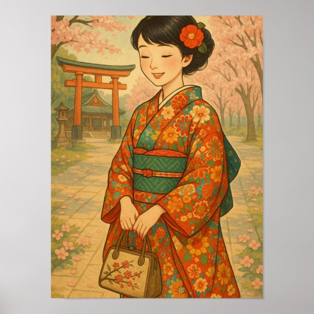 Cherry Blossom Spaziergang - Japanisches Mädchen i Poster (Vorne)